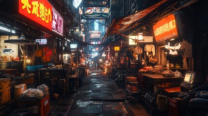 A narrow, bustling street in a cyberpunk city. Neon signs, crowded shops, and flickering lights create a vibrant and futuristic atmosphere.