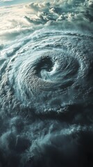 Aerial view of a swirling cyclone formation over ocean, dramatic weather phenomenon. Climate change and natural disaster concept