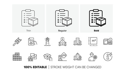 Technical documentation, Engineer and Square meter line icons. Pack of Wholesale inventory, Gas station, Hold box icon. Buildings, Lighthouse, Power info pictogram. Floor plan. Line icons. Vector