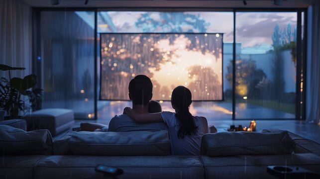 Generate an image of a family watching a movie on a rainy day, with a cozy, warm setting and a large window showing the rain outside.