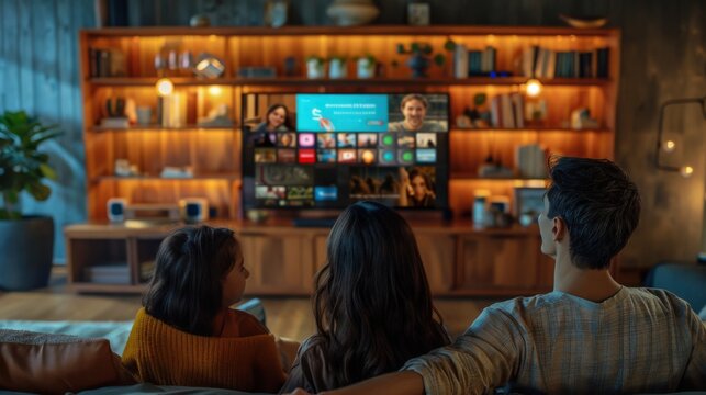 Create a scene of a family watching a streaming service on a smart TV, with a focus on their interactions and the modern setup.