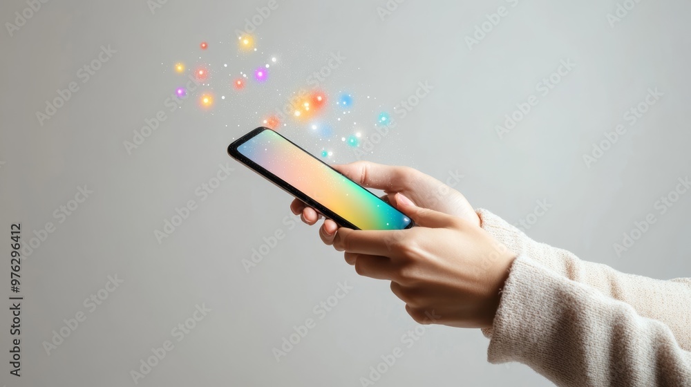 Poster smartphone displaying sparkling like icons, showcasing dynamic social media engagement and interacti