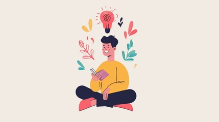 Cute Illustration of Man Embracing Soft Skills and Mental Health Through Reading and Reflection