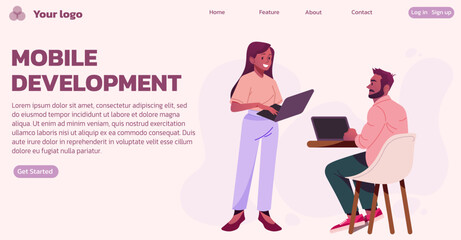 People work. Mobile development landing page. website design template. Digital technology analysis. Office characters. Computer data marketing. Employee with laptop. Vector web background