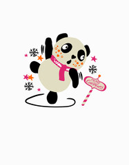 Black, White, Red Illustrative Funny Panda Saying Merry Christmas 