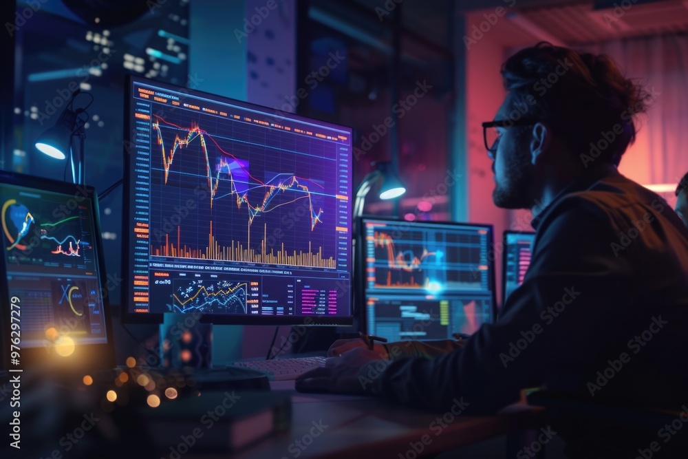 Poster a person sits in front of two computer screens, likely engaged in work or studying