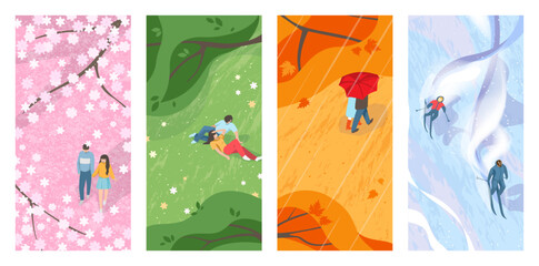 Seasonal backgrounds. Man and woman walking outdoor. Spring sakura cherry blossoms. Summer meadow. Winter sport. People skiing in mountains. Autumn trees. Vector nature seasons set © SpicyTruffel