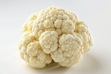 A fresh cauliflower head sitting on a clean white surface, ideal for food or still life photography