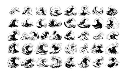 Fototapeta premium Black ink sketch ocean waves. Marine sea storm curly water swells with foam and splashes, surge tsunami surfing tide vintage ripples, isolated hand drawn monochrome vector set