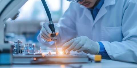 An engineer in a lab coat uses a soldering iron to assemble electronic components on a circuit board, demonstrating precision and technical expertise in electronic fabrication.