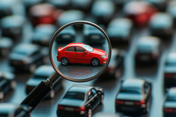 A magnifying glass reveals a vibrant red car amidst a sea of miniature vehicles in a whimsical parking lot setting