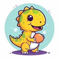 Obraz premium A playful cartoon dinosaur holds an orange ball, perfect for kids' illustrations or educational materials