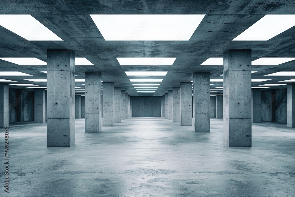 Poster a minimalist interior space featuring concrete columns and a skylight, suitable for architectural or
