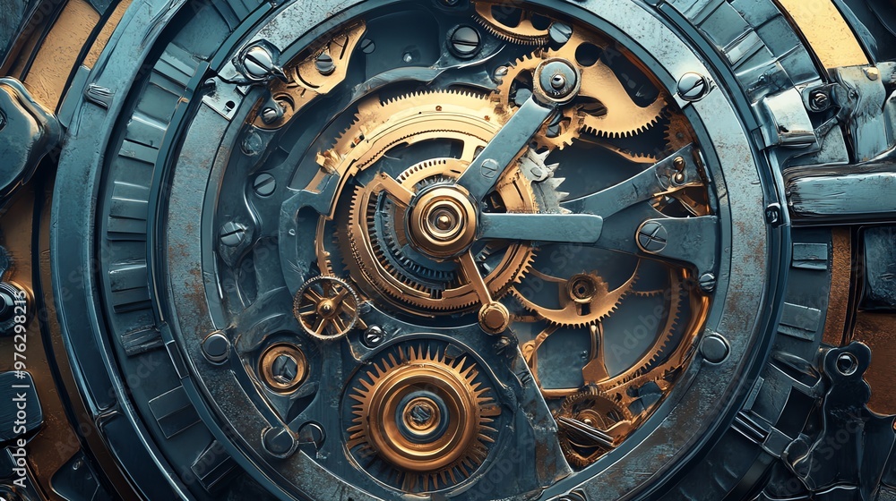 Poster a close-up of a complex clockwork mechanism.