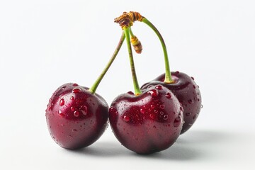 Fresh cherries glisten with water droplets, perfect for a still life or food photography