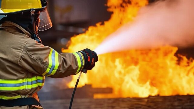 Firefighter extinguishing fire with fire hose and water spray