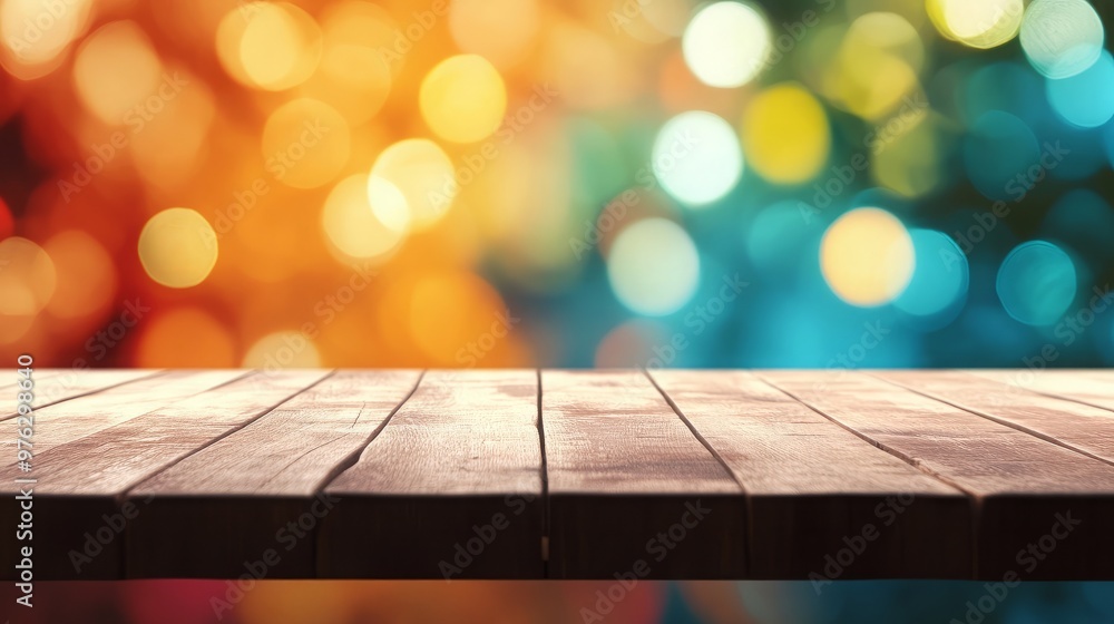 Poster wooden table top with vibrant bokeh background for product display and presentation