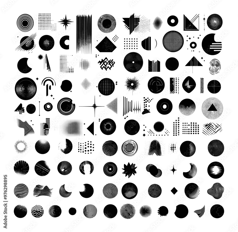 Poster black ink y2k shapes. modern geometry triangle waves circles squares stars round dot lines abstract 
