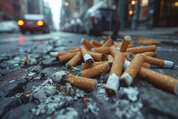 Cigarettes are scattered on the ground on a city street, great smokeout , social issue background