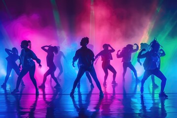 A group of people having fun and dancing under colorful lights