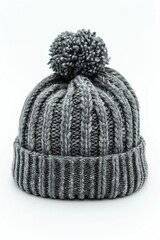 Cozy gray knitted hat with a fluffy pom pom on top, great for winter or casual outfits