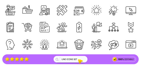 Qr code, Restructuring and Competition line icons for web app. Pack of Electricity bulb, Phishing, Video content pictogram icons. Megaphone, Exhibitors, Battery charging signs. Search bar. Vector