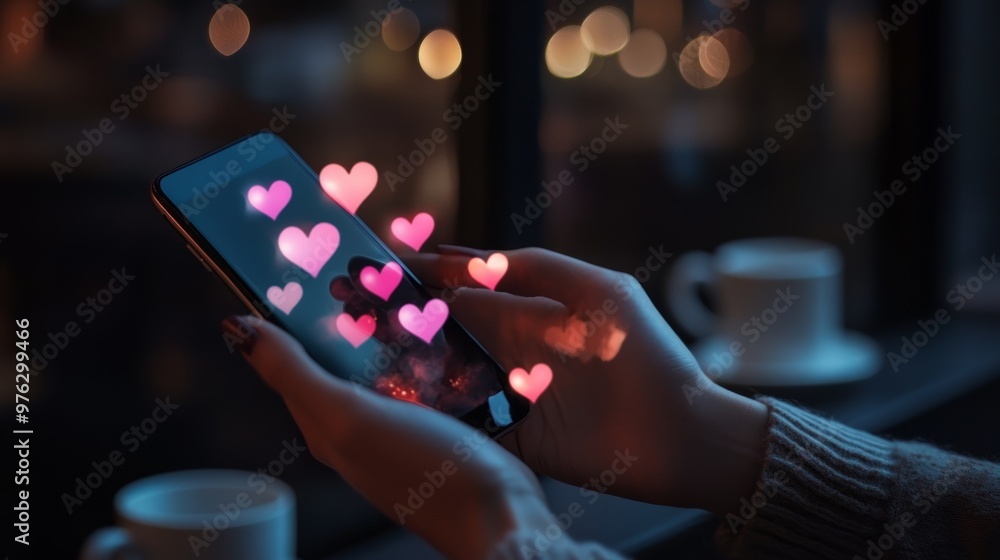 Poster hand holding a smartphone displaying star ratings, illustrating feedback and user engagement in soci