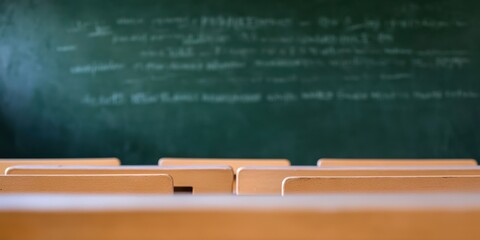 An empty classroom featuring a chalkboard with writing in the background and rows of desks arranged neatly in the foreground, signifying education readiness.