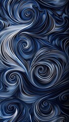 Intricate swirls of metallic silver and deep indigo create an abstract wallpaper with a sense