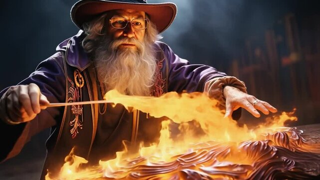 Powerful sorcerer casting a spell with fire magic and a wooden artifact