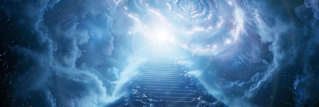 A cosmic stairway illuminated by bright light, enhanced with dynamic white lasers and an ethereal