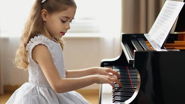 Young girl playing grand piano practicing musical instrument