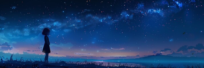 A young girl standing under a vast, starry night sky, her face glowing with joy and wonder
