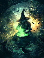 Wicked Witch Stirring Cauldron with Green Potion in Foggy Forest at Night