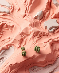 Minimalistic Desert Landscape with Fluid Pink Dunes and Succulents