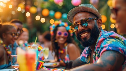 Generate an image of a pride-themed family reunion, with rainbow decorations and a joyful atmosphere, celebrating together.