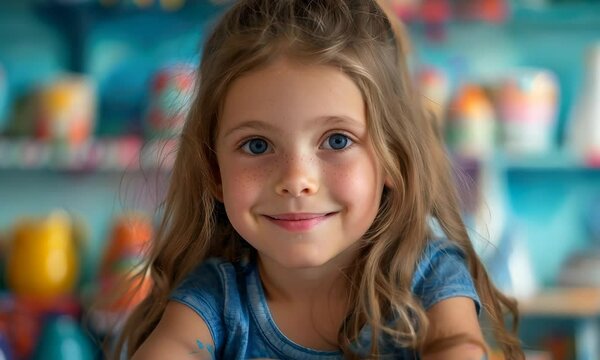 Charming pottery painting session with a young artist in a colorful studio setting
