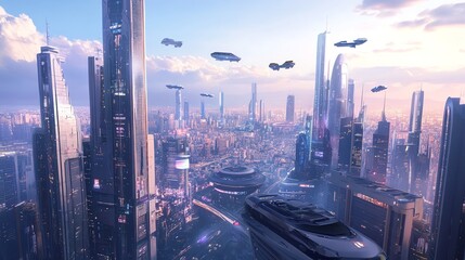 Naklejka premium Futuristic cityscape with flying cars and tall skyscrapers.