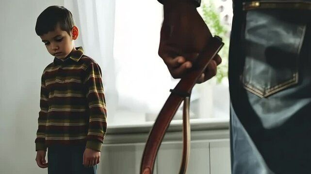 A young boy looking down sadly while an adult holds a belt, creating a tense and emotional scene

