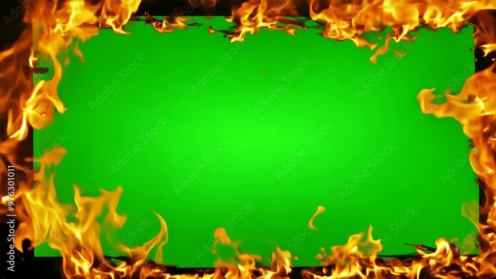 Poster burning frame on green screen background. fire border effect. abstract flame animation. template for