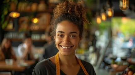 Fototapeta premium Design an image of an LGBTQ+ worker at a small restaurant or cafÃ©, interacting with customers and ensuring they have a pleasant dining experience.