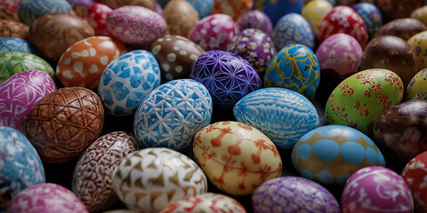 Fr&ouml;hlich bemalte Ostereier in lebendigen Farben und verschiedenen Mustern, ideal f&uuml;r das Osterfest und als kreative Dekoration f&uuml;r den Fr&uuml;hling