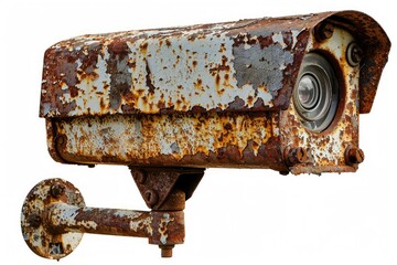 Vintage camera on a white background with rust and wear