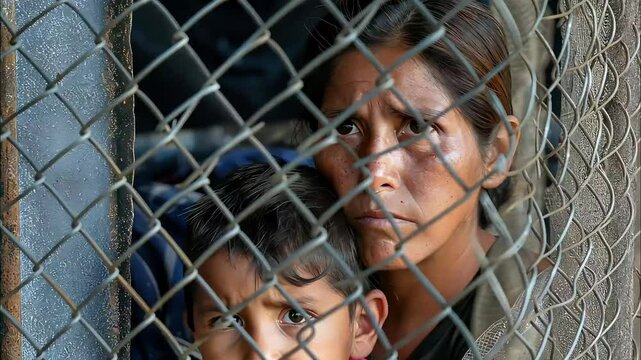 Mother and child behind a chain-link fence, looking out with worry and concern
