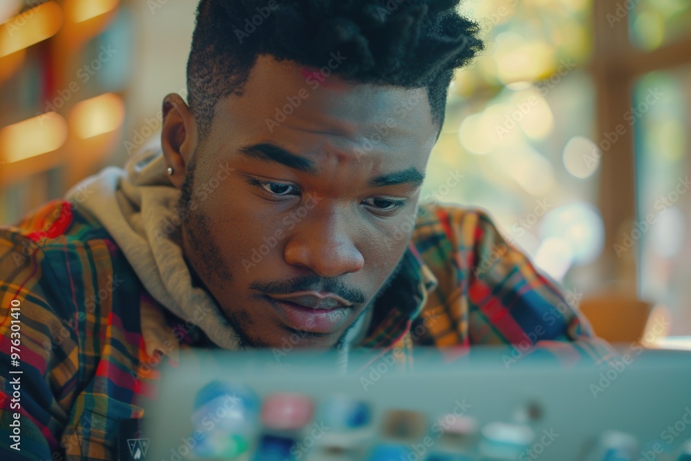 Poster a person sitting in front of a laptop computer
