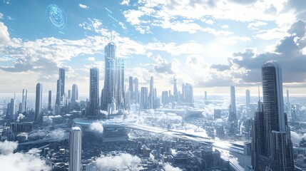 Futuristic city with futuristic technology under a bright cloudy sky.