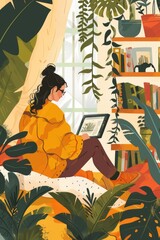 A woman sits on a bed surrounded by plants, a cozy and peaceful atmosphere