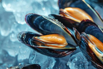 A cluster of mussels frozen in place on a bed of ice