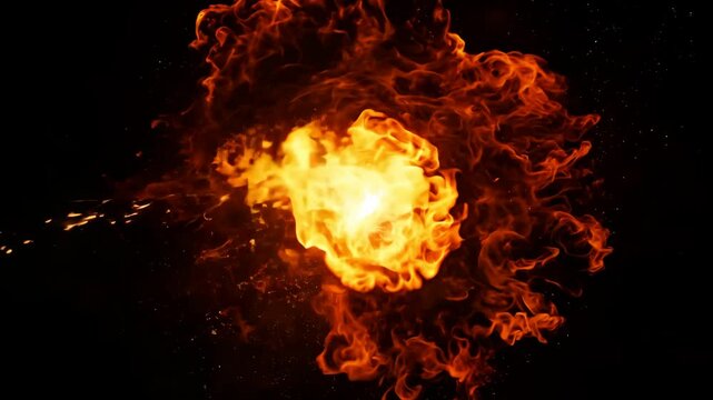 Explosion of fire on black background. Glowing flame animation effect. Explosive force and blast concept.