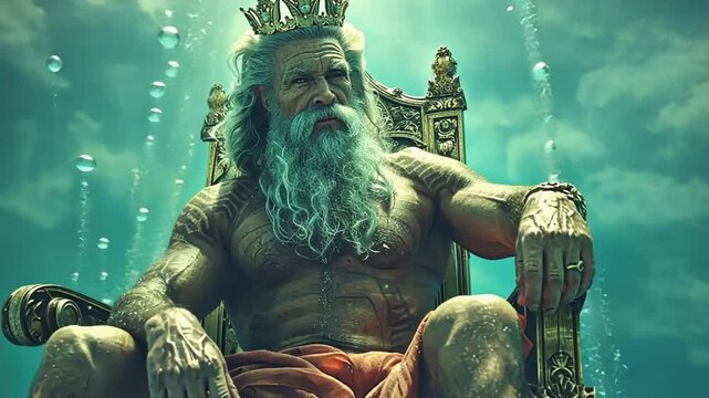 Powerful god poseidon sitting on throne underwater in ocean